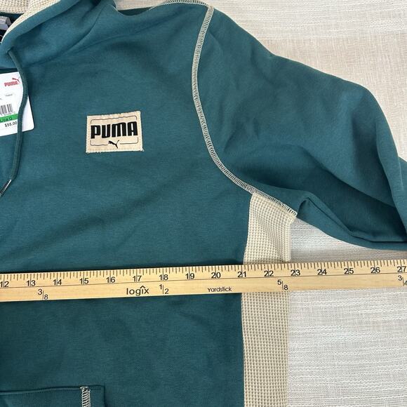 Puma Patched Up Men's Large Hoodie Malachite Teal Green Pullover Sweatshirt L - Picture 10 of 11